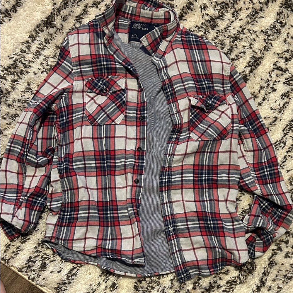 American Eagle Outfitters Red and Gray Plaid Shirt